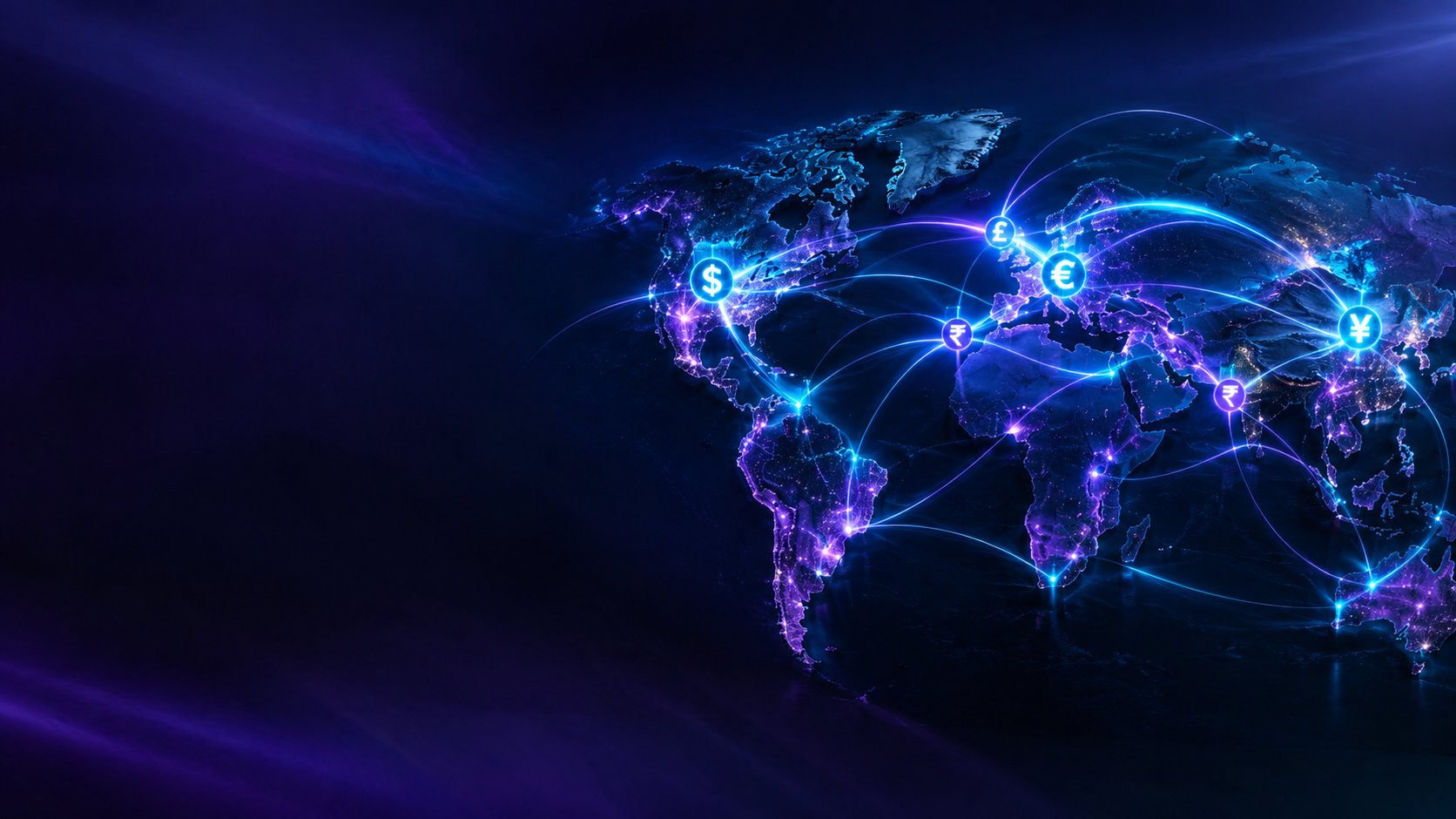 Dark world map with glowing currency flow lines connecting major financial centers