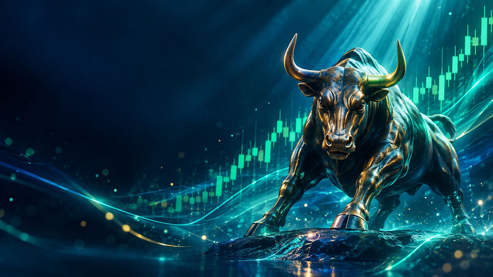 Powerful bronze bull statue with rising green chart lines behind it