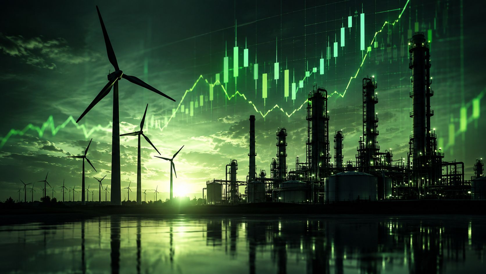 Wind turbines and oil refinery silhouettes merged with a stock chart
