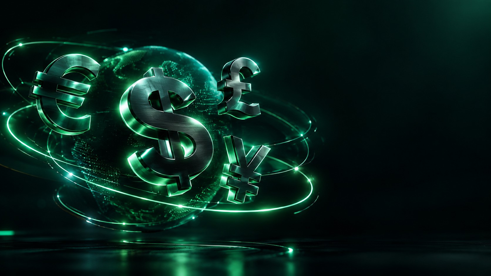 Floating 3d currency symbols of the dollar euro pound and yen orbiting each other